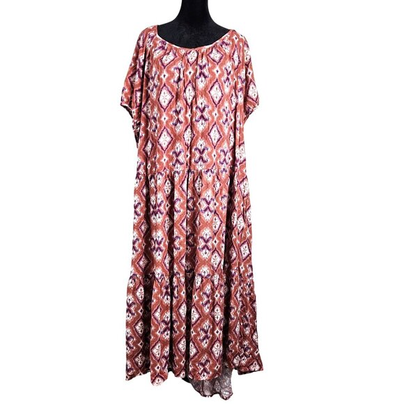 Knox Rose Womens 1X Puff Short Sleeve Tiered A-Line Dress Boho Rust & White - Picture 3 of 11